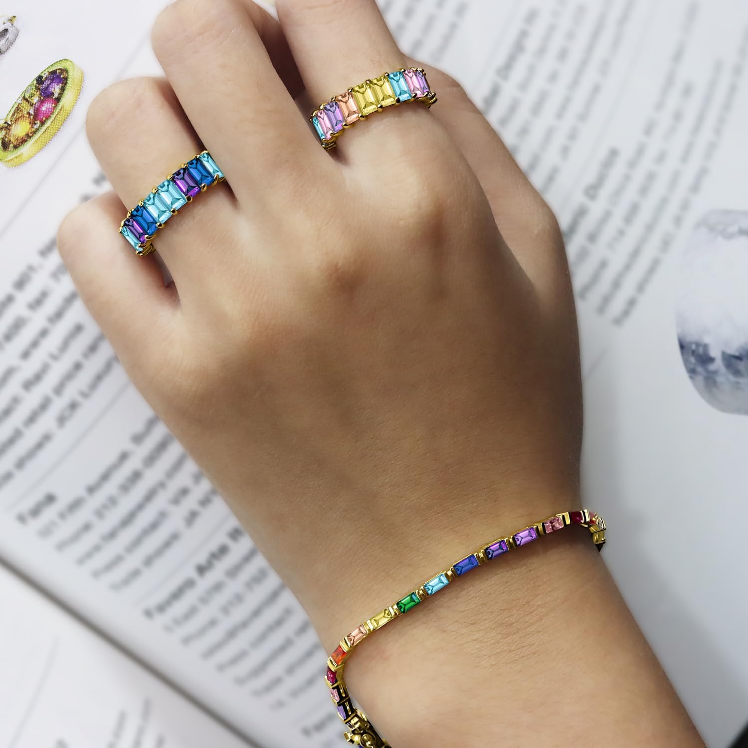 AFFY 14k Gold Plated 925 Sterling Silver Colourful Bar Setting Rainbow Baguette Sparkling Multi Color Sapphire Gemstone Tennis Bracelet, Jewelry for womens