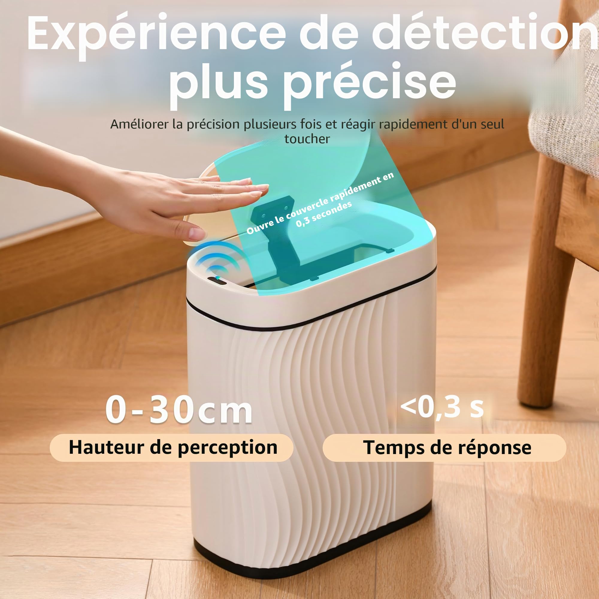 Poubelle Automatique 8L avec Capteur - Poubelle Électrique avec Couvercle pour Cuisine & Salle de Bain - Étanche/Anti-Odeurs pour Bureau, Chambre, WC - Corbeille Blanche Silencieuse