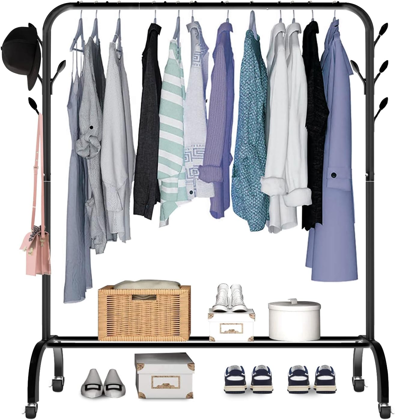 Clothes Rail Metal Garment Rack on Wheels Bedroom Freestanding Hanger Display Clothing Racks with 8 Side Hooks, 1 Tier Lower Storage Shelf for Shoes Boxes 5ft Coat Drying Rack Black