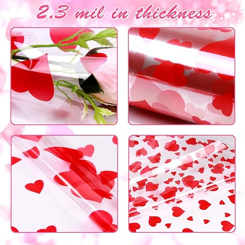 Miniatura 3 de Rollo de celofán para el día de San Valentín, 100 pies de largo x 32 pulgadas de ancho con diseño de corazones rojos de 2.3 mil para envolver
