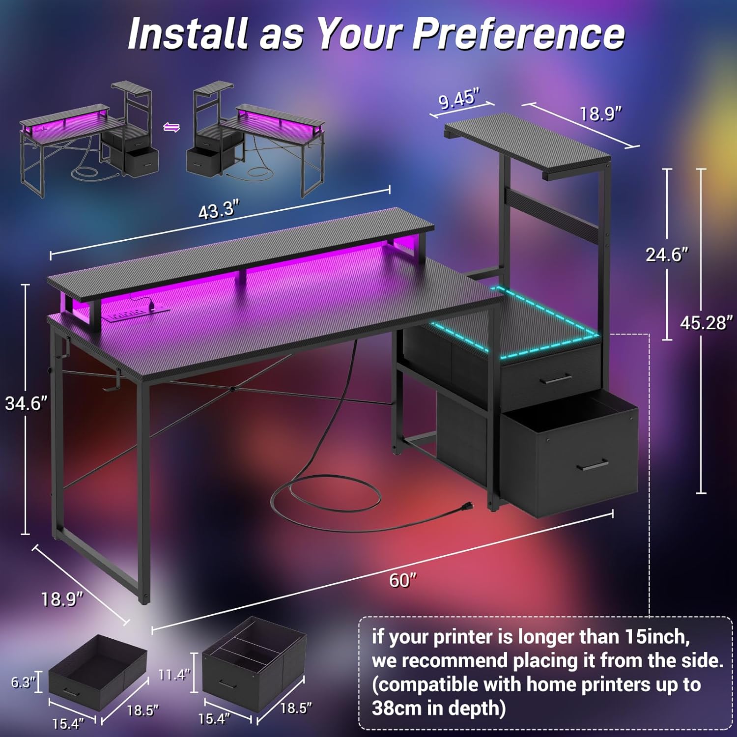 Aheaplus Gaming Desk with LED Strip & Power Outlet, 59Inch Reversible Computer Desk with Monitor Stand & Storage Shelves, Home Office Desks with Fabric File Drawer, PC Gamer Table, Carbon Fiber Black - Image 2