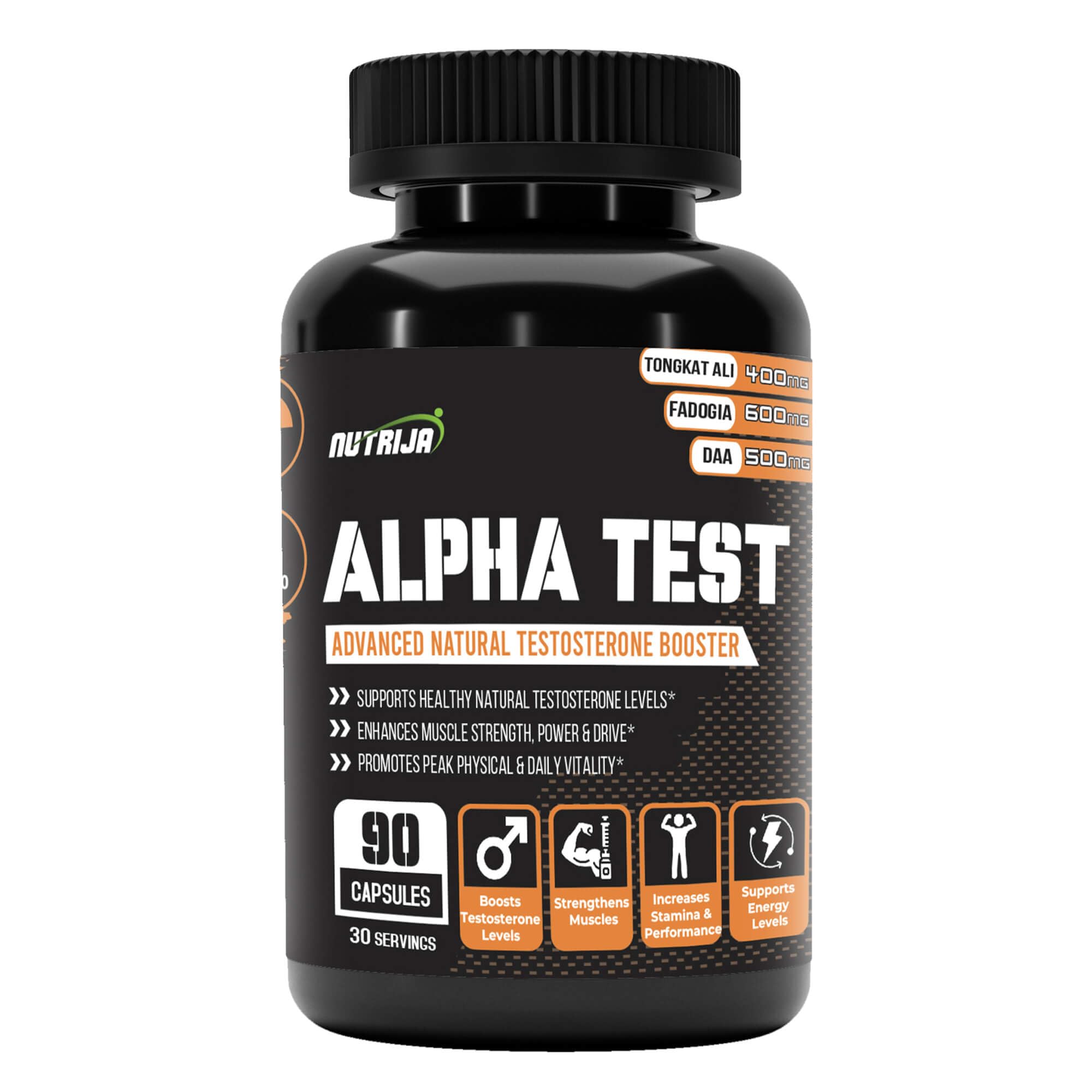 NutriJa Alpha Test | Testosterone Support Supplement for Men | Supports Energy, Strength & Stamina | Tongkat Ali, Fadogia & D-Aspartic Acid | 90 Veg Capsules | 30 Servings