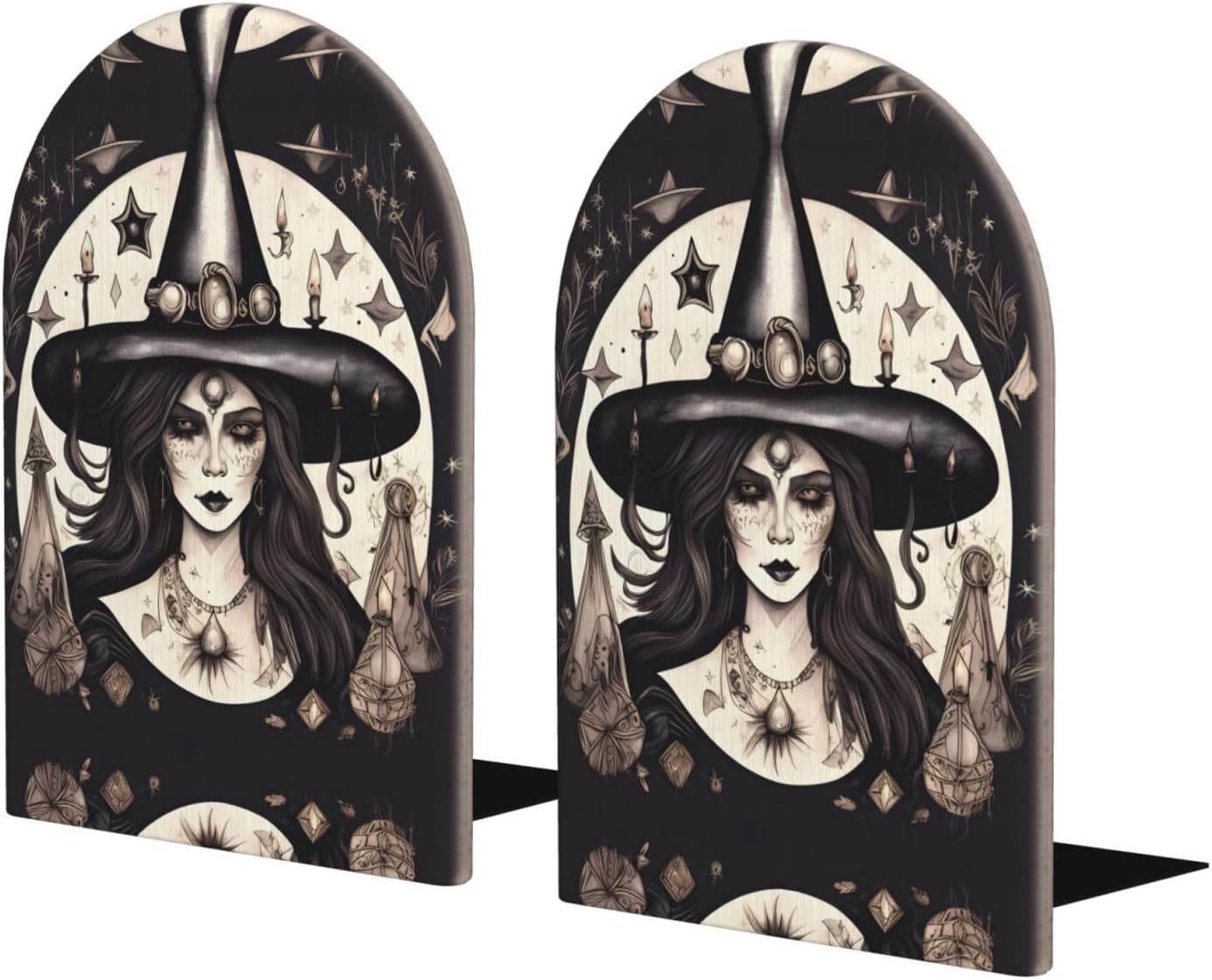 Magic Witch Witchcraft Bohemian Bookends for Shelves,Heavy Duty Book Ends and Desktop Organizer,Book Stopper for Books/Movies