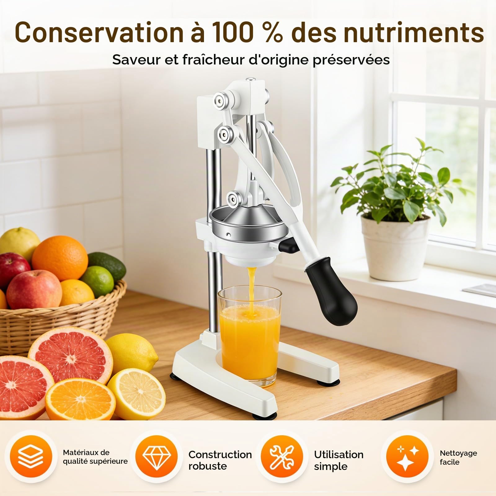 Presse Agrumes Manuel avec Tête Pointue & Plate, Acier Inoxydable Presse Orange avec Tasse Mesure 500ml, Presses Fruit avec Base U Stable, Haute Extraction de Jus, pour Citron, Orange, Pamplemousse