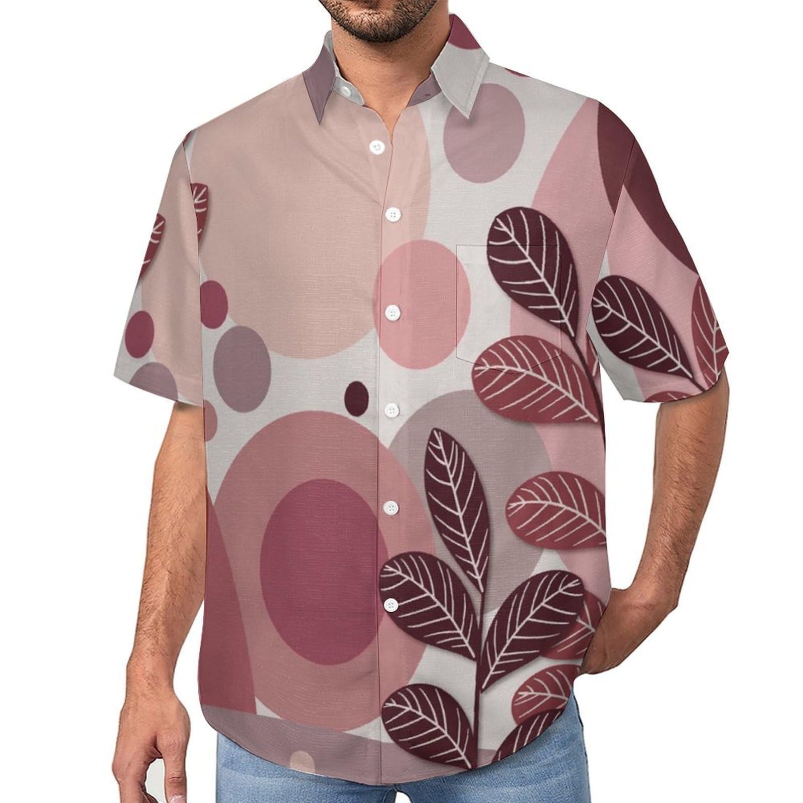 Camicie da Uomo a Maniche Corte con Stampa della Foglie Geometriche Disegno Semplice A Mano, Casual Leggere Bottoni Camicia con Tasca Frontale, per Vacanze Spiaggia Estate