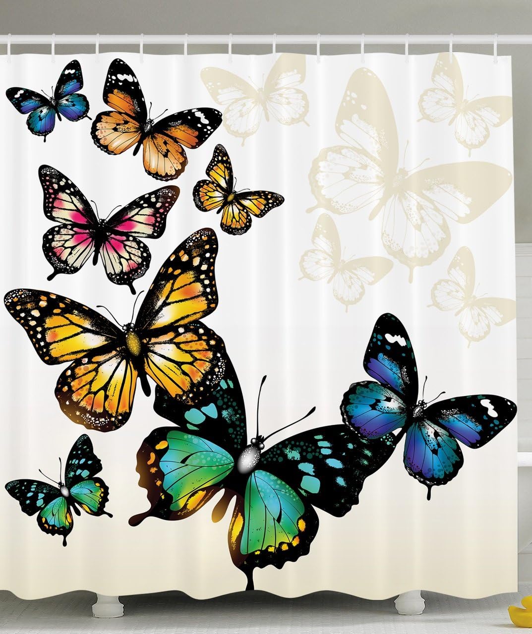 Butterfly Decor Shower Curtain by Ambesonne, Monarch Butterflies Shades and Shadows Ombre Background, Polyester Fabric Bathroom Set with Hooks, 75 Inches Long, Blue Pink Green and Yellow