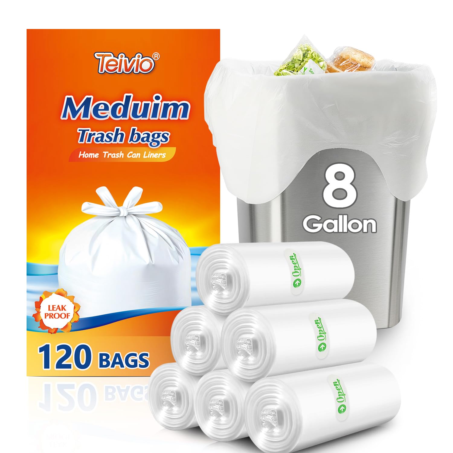 8 Gallon Medium Strong Tie-Top Trash Bags 120 Count, fit 30 Liter Tall Kitchen Waste Basket, Unscented Garbage Bags Can Liners for Home Office Kitchen Bathroom Bedroom, White