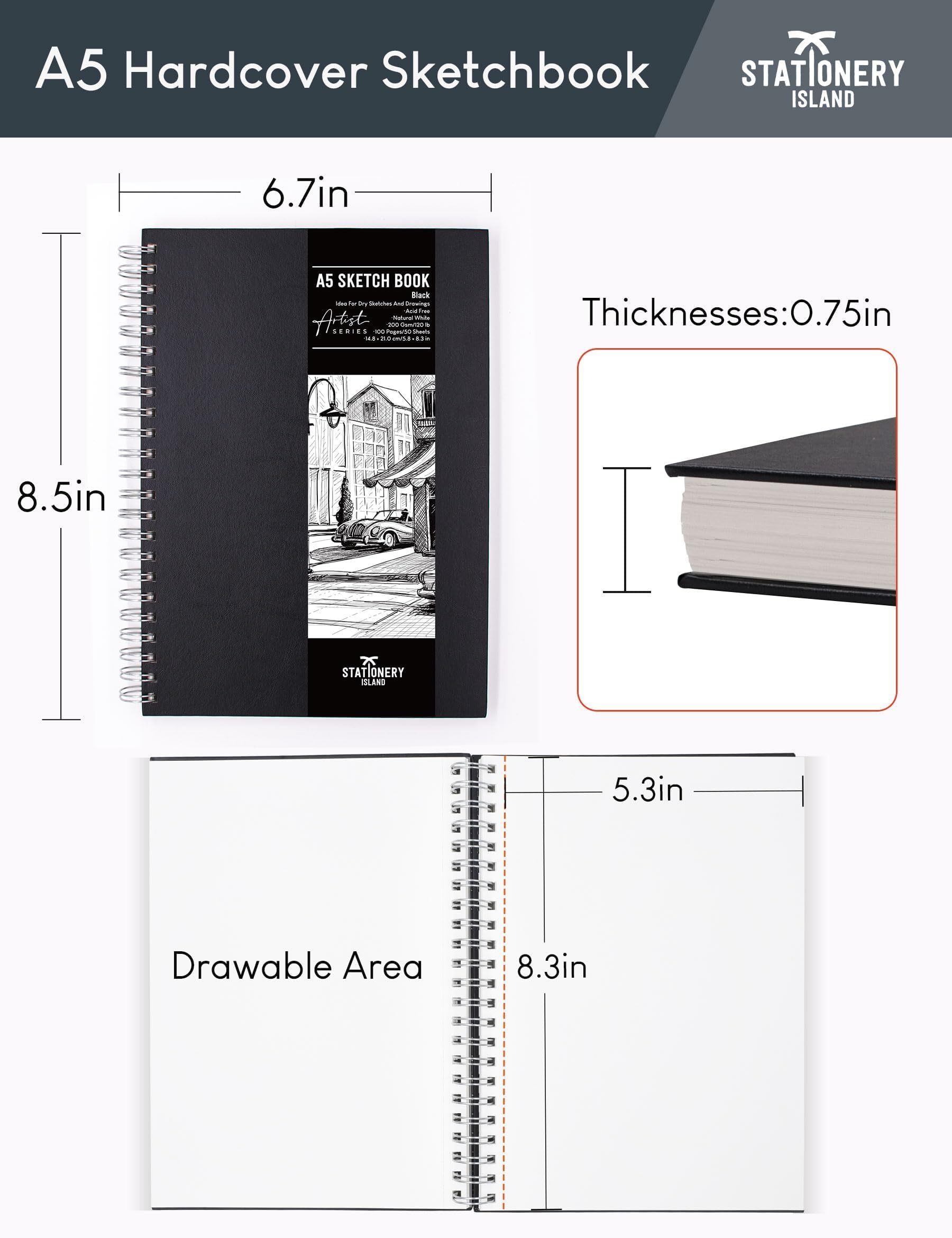 STATIONERY ISLAND Szkicownik A5, szkicownik z twardą okładką z 200GSM grubym papierem, szkicownik spiralny A5, podkładka do rysowania, portret, 50 arkuszy / 100 stron