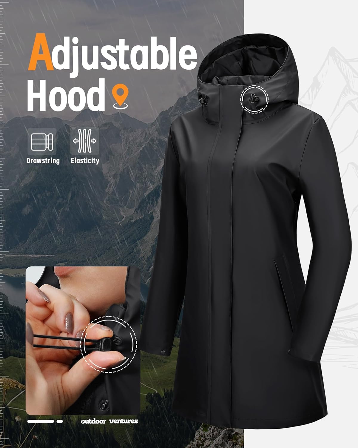 Outdoor Ventures Women's Waterproof Long Rain Jackets Lightweight Rain Coats with Hood Trench Coats PU Windbreaker - Image 5