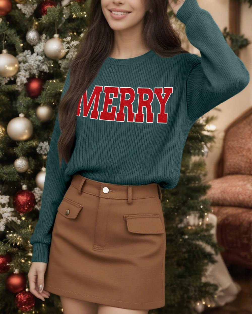 Christmas Sweatshirts for Women Merry Sweater Letter Print Striped Crewneck Sweatshirt Holiday Long Sleeve Pullover - Image 3