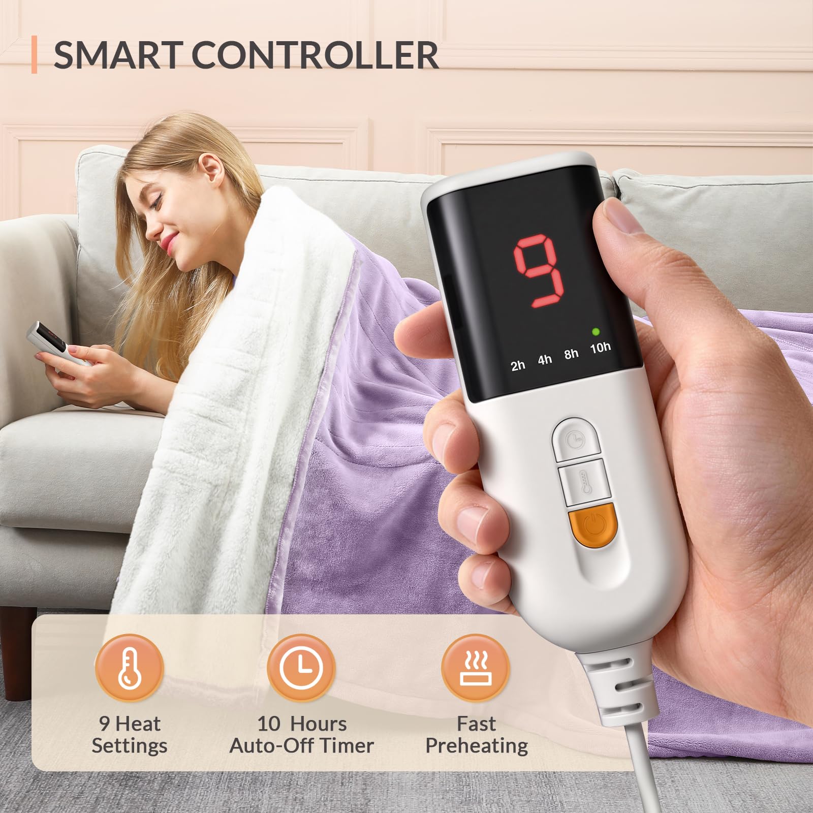 HOMLYNS Coperta riscaldata, 9 impostazioni di calore, timer 10 ore, viola | 200 × 150 cm, certificato UKCA, morbida flanella sherpa, costruita per divano, letto e ufficio, corda da 220 cm