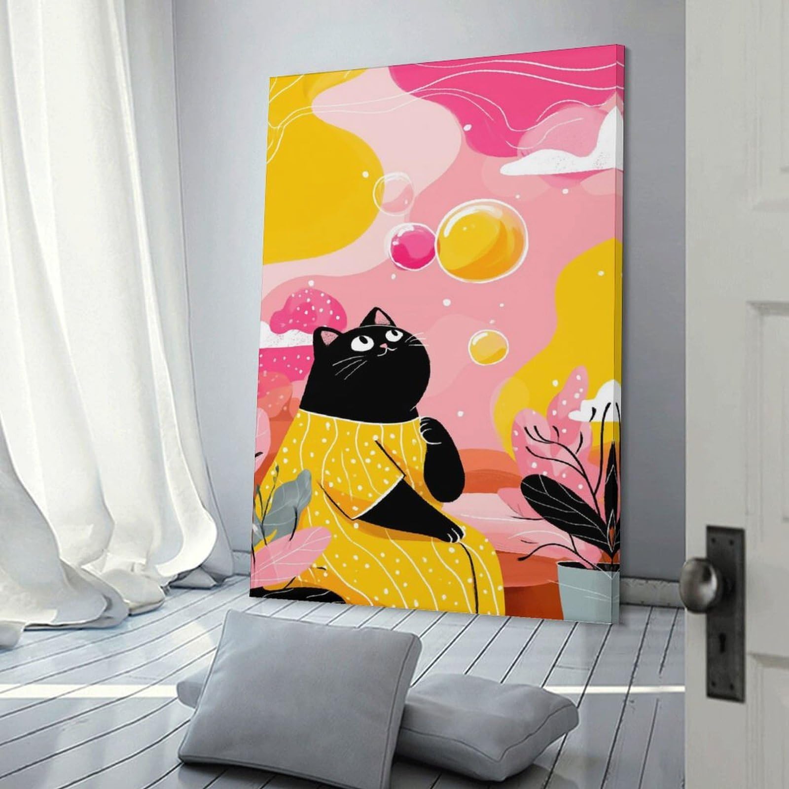Junmoney Wall Art Print Black Cat with Bubbles Illustration, 20x30inch(50x75cm), for Hallway, Bedroom Or Modern Interiors, Thoughtful Wall Decor for Art Lovers