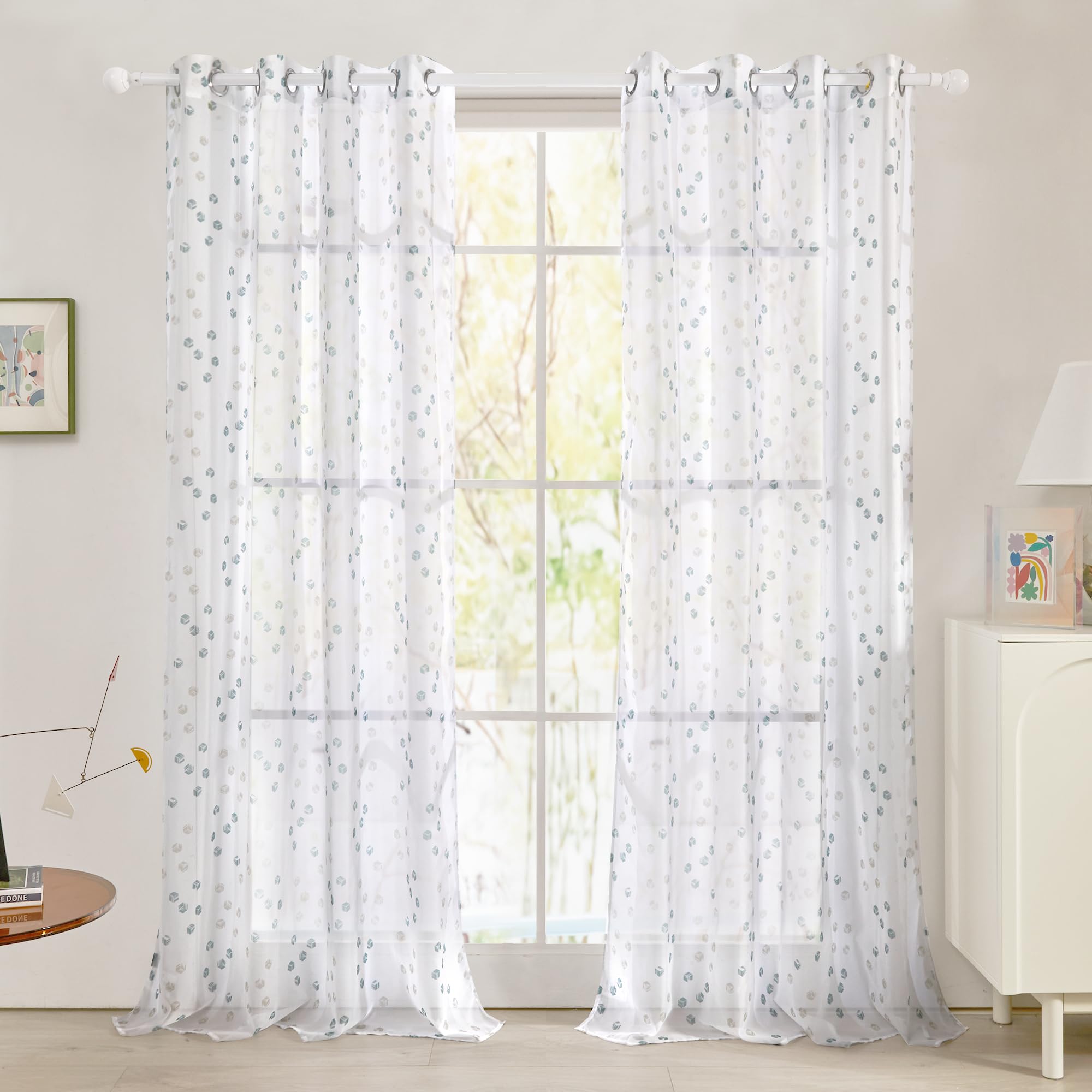 Deconovo Cortinas Salon Translucidas para Dormitorio con Dibujos de Cubic Play 2 Piezas 140x245cm Blanco Global Recycled Standard Global Recycled Standard Global Recycled Standard
