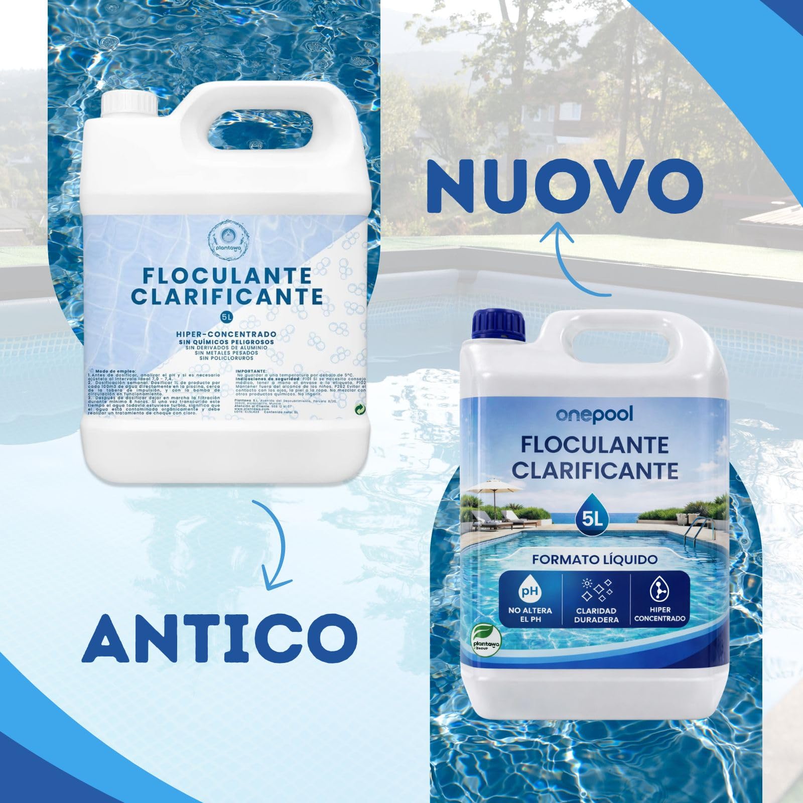 PLANTAWA Flocculante per Piscina 5L | Chiarificatore Acqua Torbida Super Concentrato | Schiarente per Piscina Compatibile con Ogni Trattamento | Sicuro e Senza Sostanze Aggressive
