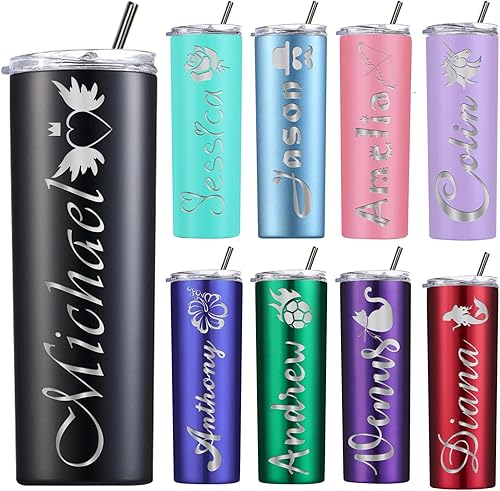 Vaso delgado personalizado con tapas y pajitas vaso aislado personalizado de 20 onzas grabado con láser vasos personalizados de acero inoxidable con