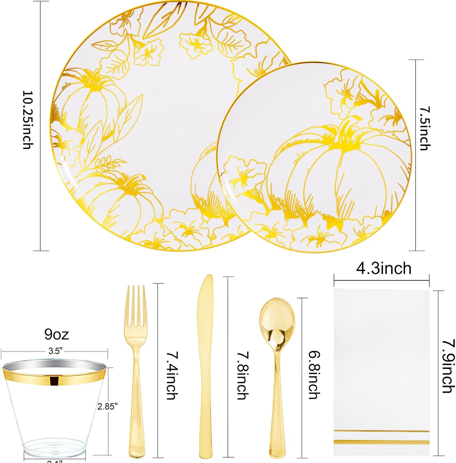 Liacere 175PCS Thanksgiving Plates- Gold Pumpkin Plastic Plates-Thanksgiving Plastic Plates and Napkins Sets Include 50 Plastic Plates,75 Thanksgiving Dinnerware，25 Gold Cups 25 Napkin