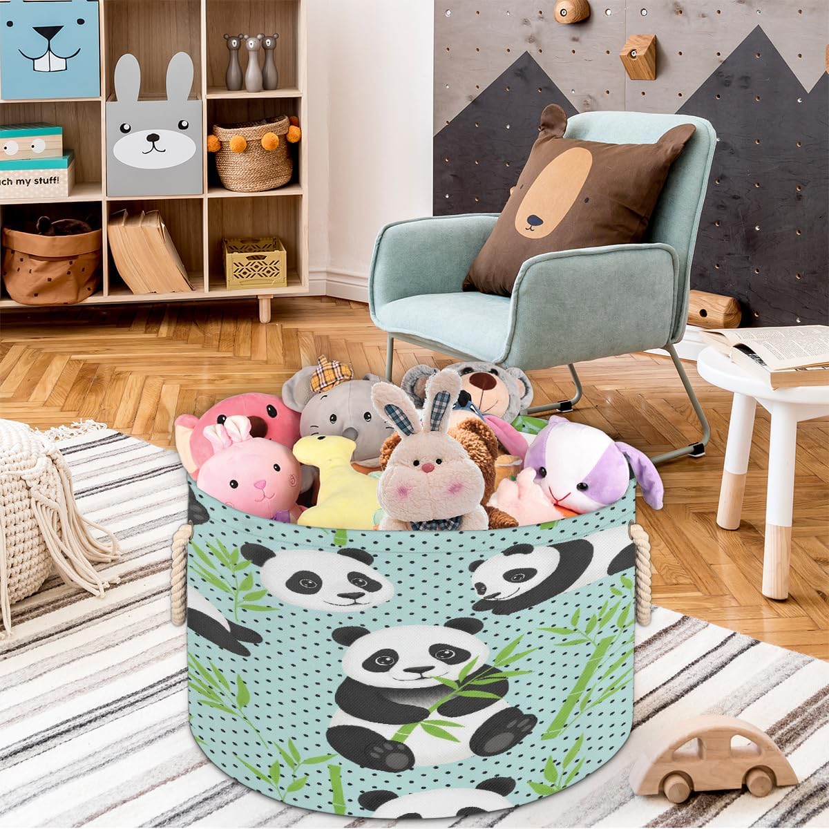 Large Storage Baskets, Pandas Bamboo Nursery Round Collapsible Organizer Bin Box, Laundry Hamper for Kids Toys, Blanket, Bedroom Living Room Home Decor, Gift Basket, 19.4"x13.3"
