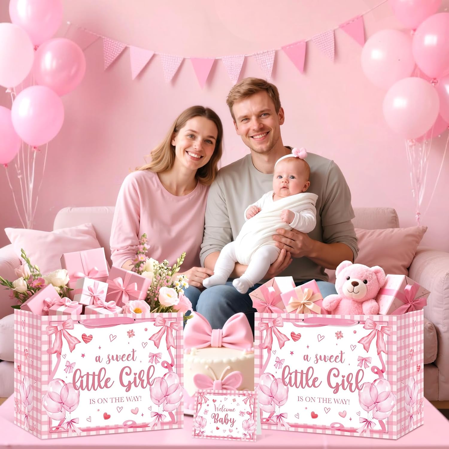 Pink Bow Baby Shower Party Supplies for Girls Bow 1st Birthday Gift Bag with Wrapping Paper and Card Pink A Sweet Little Girl is on The Way Party Wrapping Paper Bag for Baby Shower Gender Reveal Party - Image 7