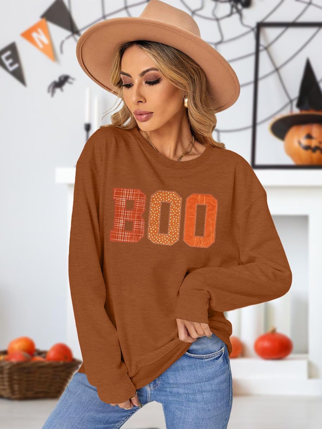 PECHAR ハロウィン スウェットシャツ 女性用 かわいい 不気味なコーヒースウェットシャツ ゴースト刺繍セーター 秋 パンプキン