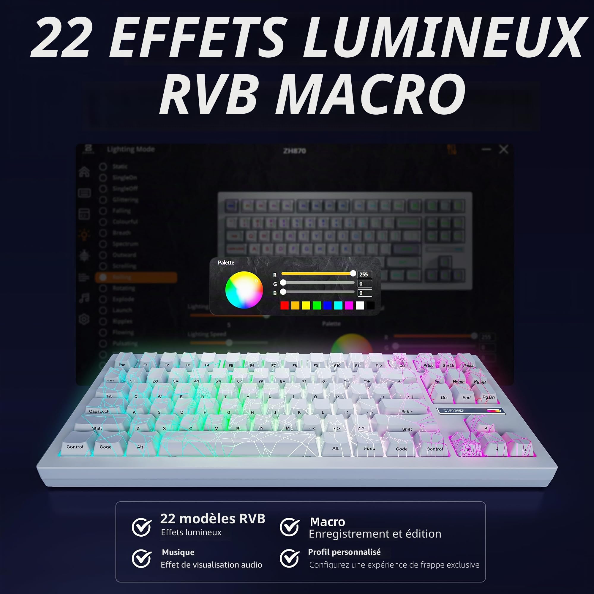 ZORNHER ZH870 Clavier mécanique sans Fil 80% TKL, Touches Toile d’araignée Blanche, switches Sakura linéaires, RGB, Hot-swappable