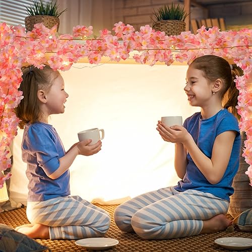 Miniatura 7 de Jutom Guirnalda de flores artificiales de cerezo con cadena de luces colgantes guirnalda de flores rosas para primavera hogar dormitorio boda fiesta