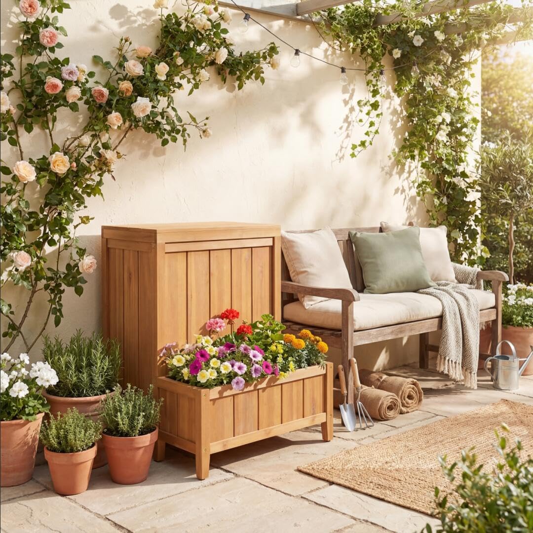 HOMASIS 2 in 1 Paketbox mit Pflanzkübel, Paketannahme mit Blumenkasten aus Holz, Auflagenbox mit Deckel & Gasdruckfeder, multifunktionale Aufbewahrungsbox für Terrasse & Garten, Natur