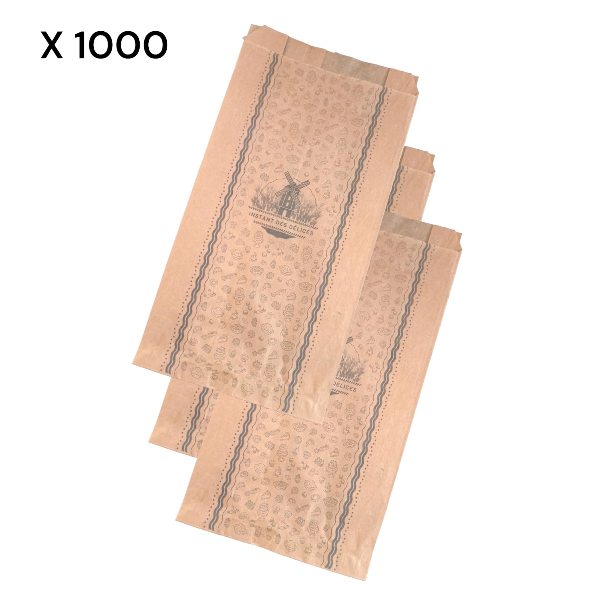 1000 Bolsas de bollería 20+5x31 cm de papel kraft marrón de grado alimenticio sin grasa impresas en negro