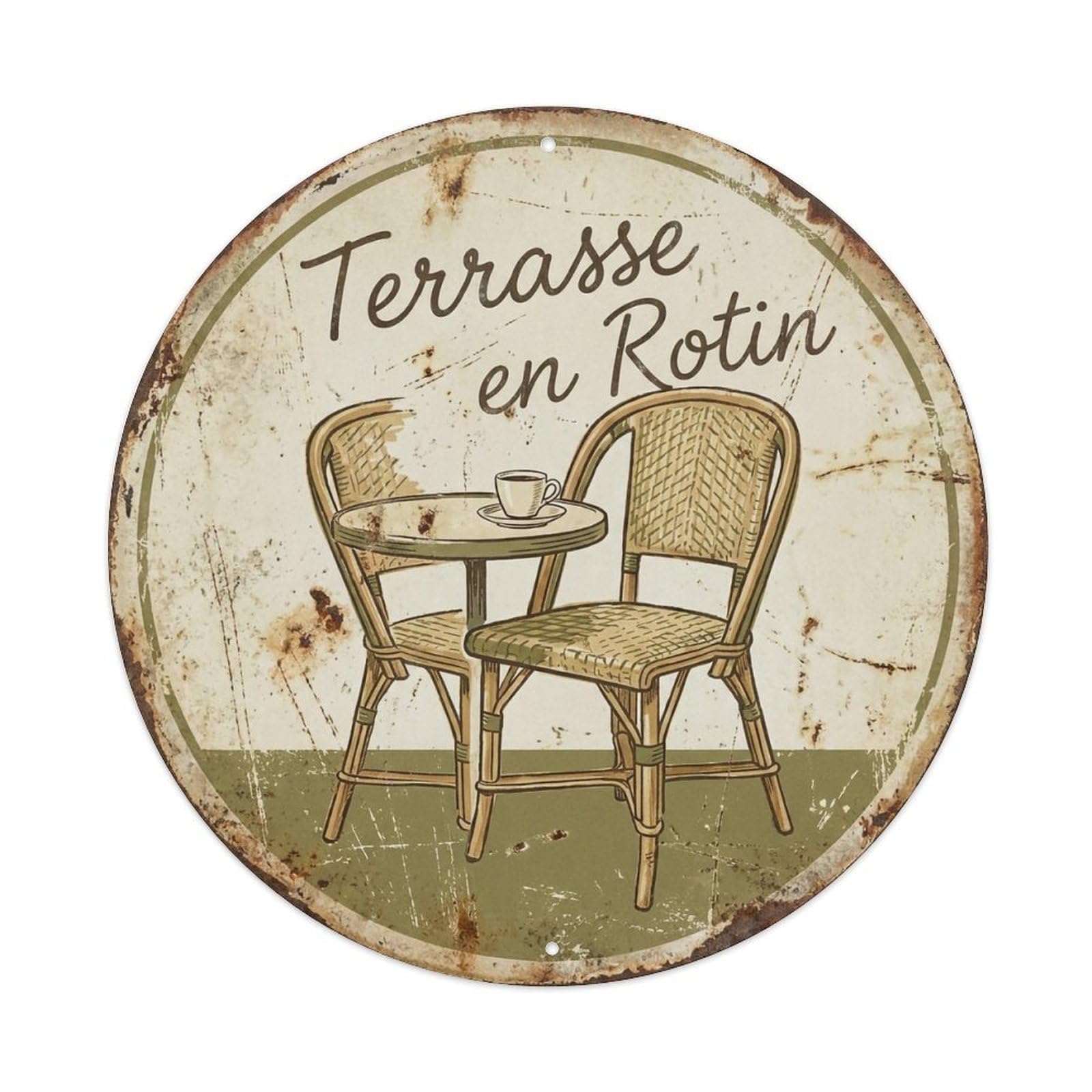 Wicker Terrace Tavern Cafe 1 Metal Tin Sign Plaque Wall Decor for Cafe, Club, Garden Round Metal Poster 8x8Inch