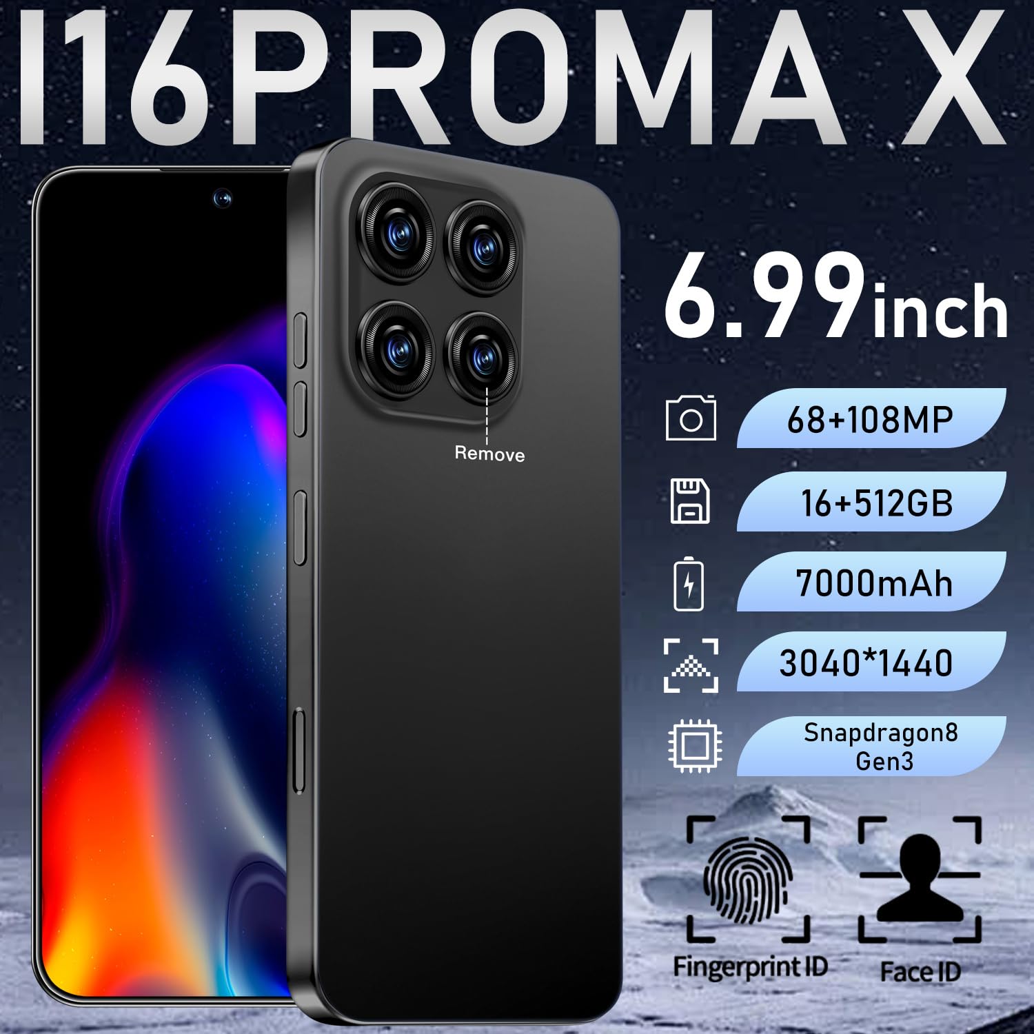 16PROMA X Unlocked Phone, 6.99inch HD AMOLED Screen Smartphone, Battery 7000mAh Cell Phone, Android 13.0 12+512GB with 128GB Memory Card, Face ID/Fingerprint Lock/5G/Photos/GPS (Black)