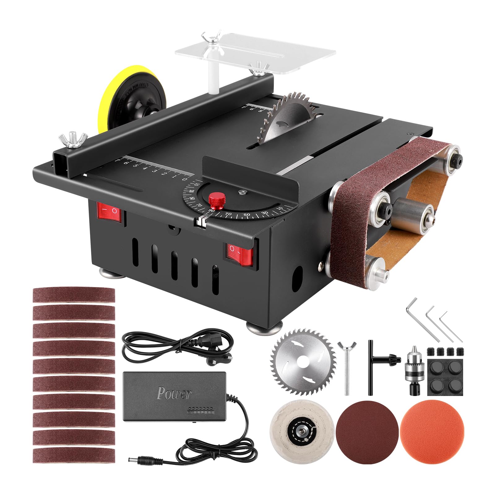 300W Mini Table Saw with Belt Sander,Small Bench Saw for Woodworking with 10 Replacement Sanding Belts