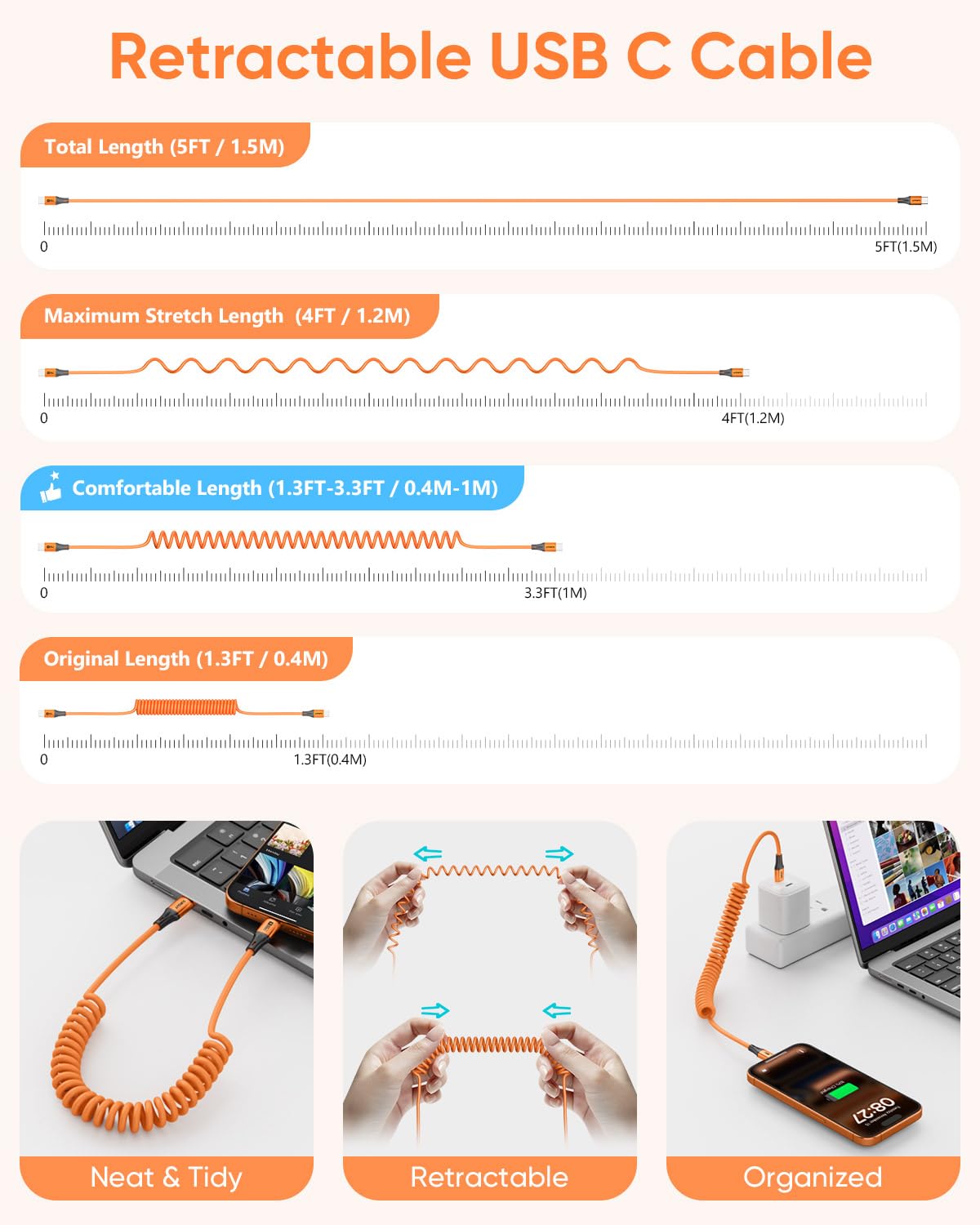 SUNGUY Cavo a spirale da USB C a USB C, 1,5 m【0,4 m-1 m】 Cavo di ricarica da 60 W per Android Auto, iPhone 17 16 15 Pro Max, Galaxy S24/S23, Google Pixel, iPad Pro, MacBook (arancione)