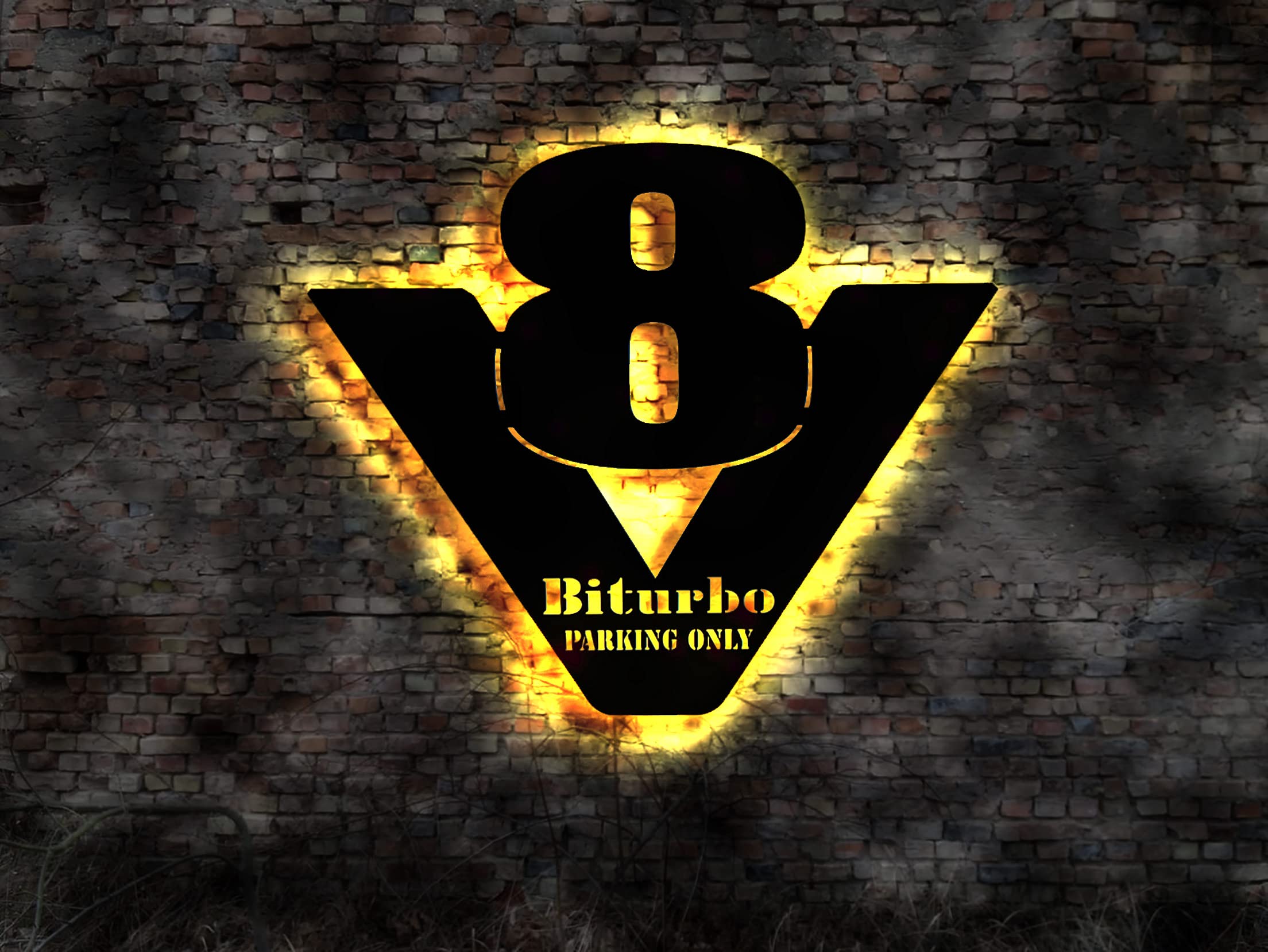 V8 Biturbo parking only Cartel luminoso de madera para coche