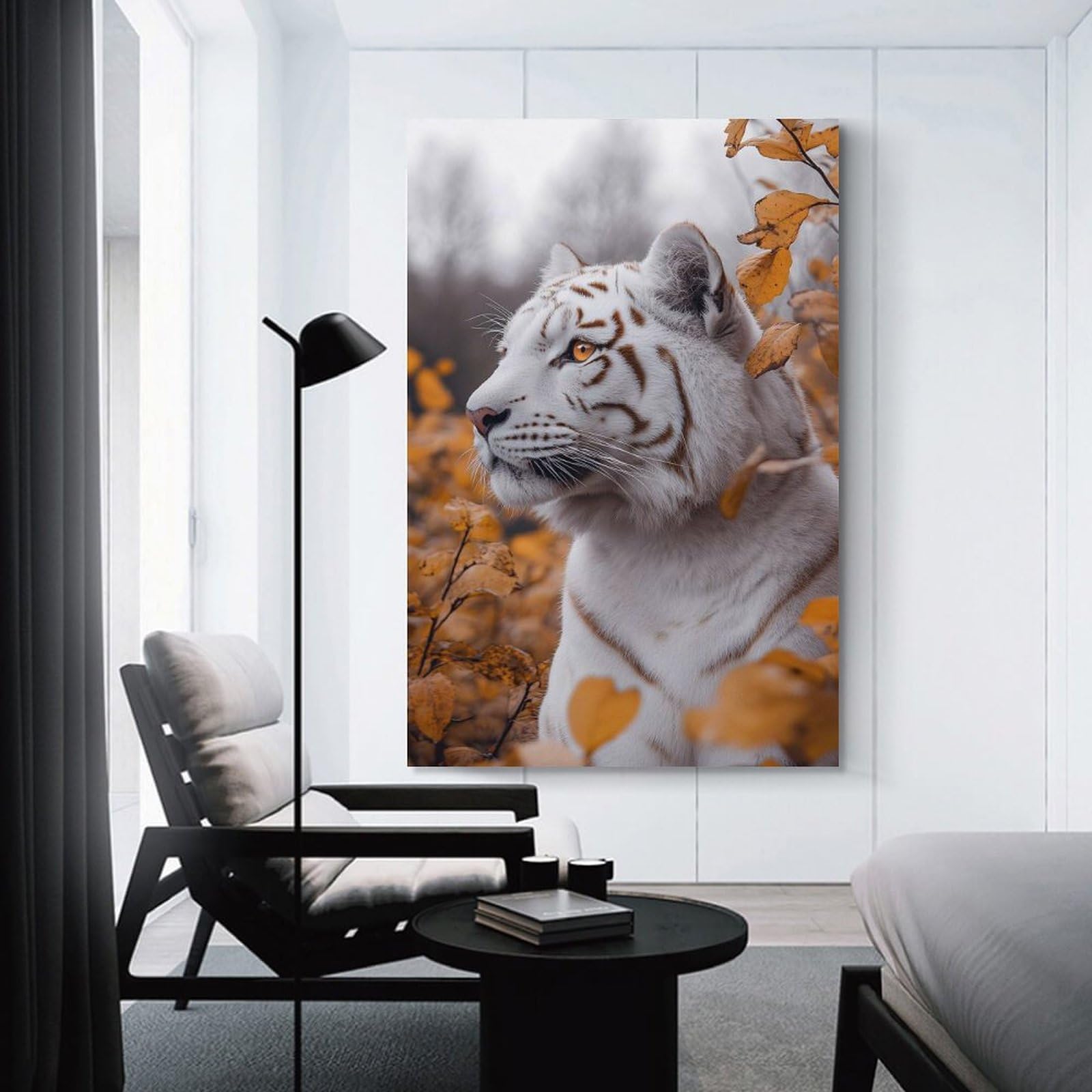 Junmoney White Tiger Portrait in Autumn Leaves Home Decor Wall Art 08x12inch(20x30cm), for Living Room, Lounge Or Sitting Room, A Home Accent with Warm Character