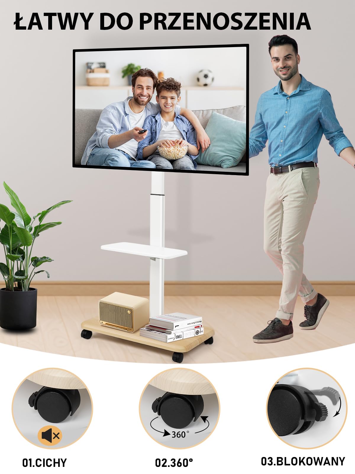 Stojak na telewizor, mobilny stojak na telewizor, 32-70 cali, płaski/zakrzywiony LED/LCD/OLED, przenośny stojak na telewizor na kółkach do 45 kg, podłogowy uchwyt na telewizor z laptopem, półką DVD