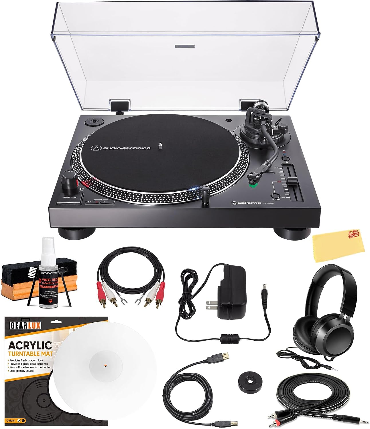 AT-LP120XBT-USB Wireless Direct-Drive Turntable with Bluetooth, Analog, and USB Outputs - Black Bundle with Headphones, Cable, Slip Mat, Cleaning Kit, and Austin Bazaar Polishing Cloth
