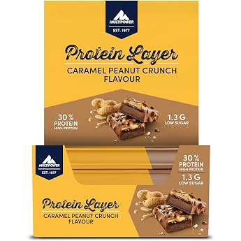 Multipower Protein Layer Bar Energy Bar with 30% Protein - Fitness Bar 18 x 50g - Protein Bar as Sports Snack - Protein Bar with Caramel Peanut Crunch Flavour - Low Calorie Protein Bar