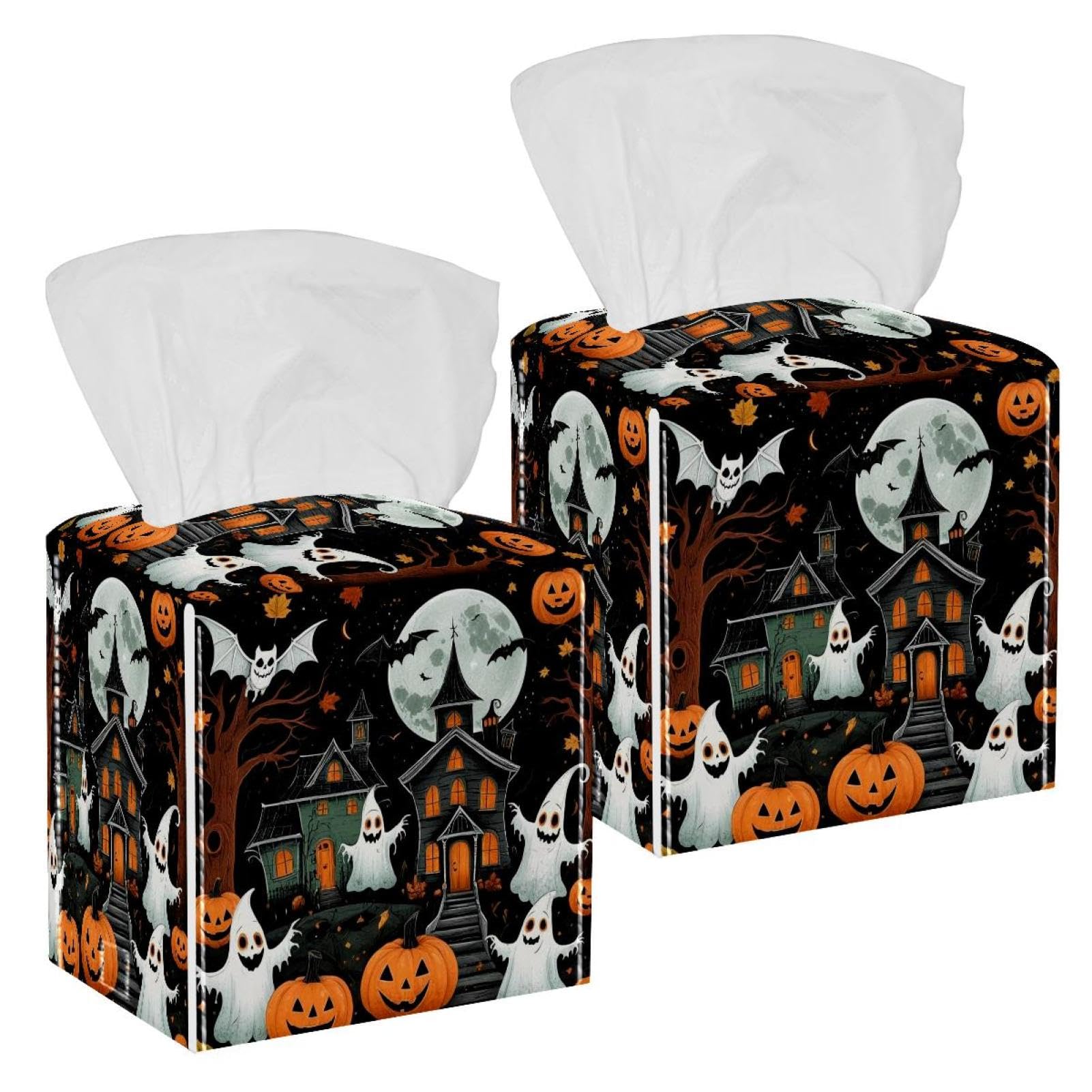 Boîte à mouchoirs en cuir anti-poussière : lot de 2 étuis Halloween pour table et voiture