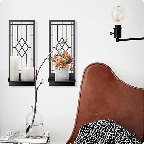 Miniatura 7 de Candelabro de pared, decoración de pared de metal negro, portavelas de pared retro para sala de estar, comedor, dormitorio, baño (paquete de 2, 16.5