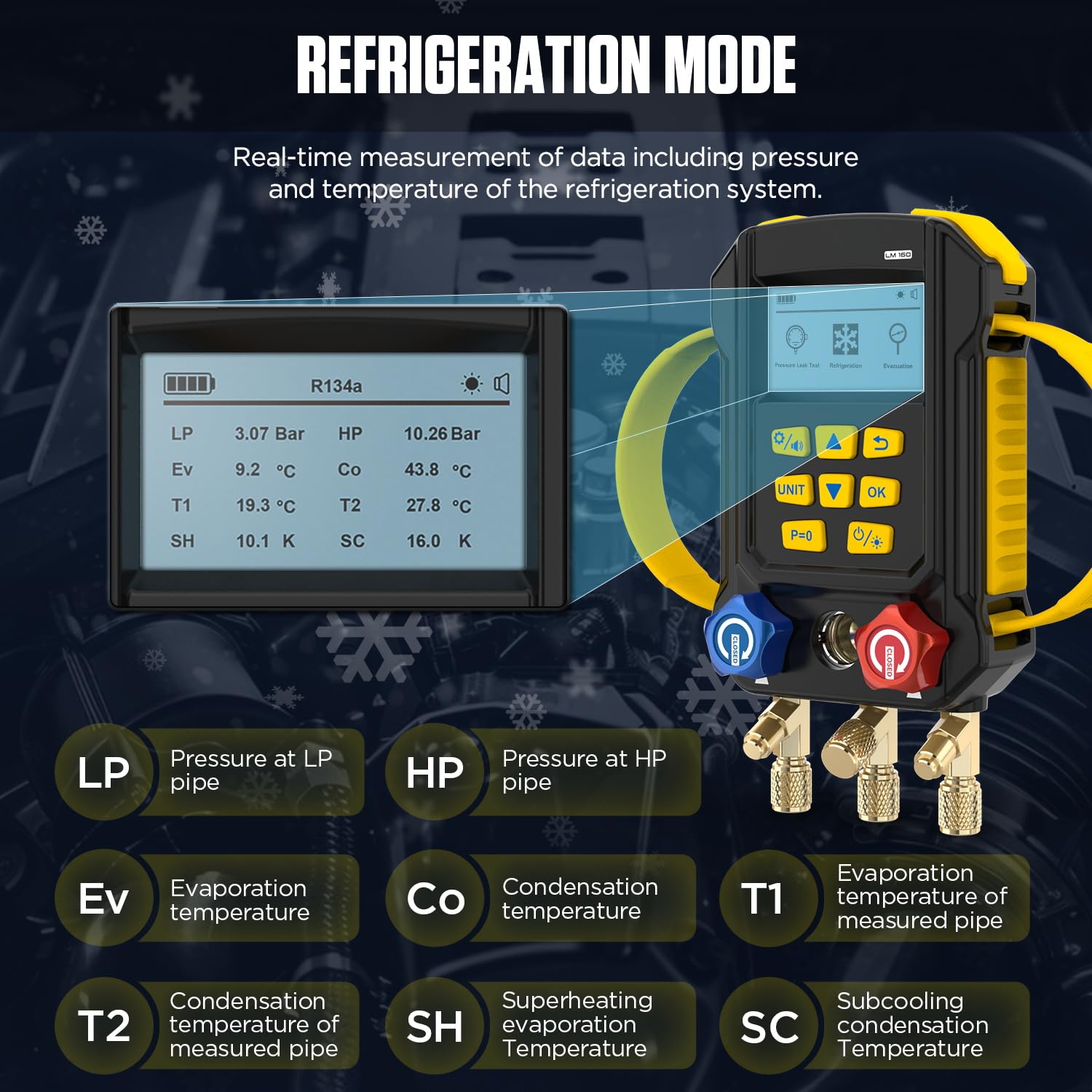 Colector digital inteligente, LM160 AC Manifold, manómetros de colector HVAC y refrigeración con modo de evacuación, modo refrigerante y prueba de fugas de presión