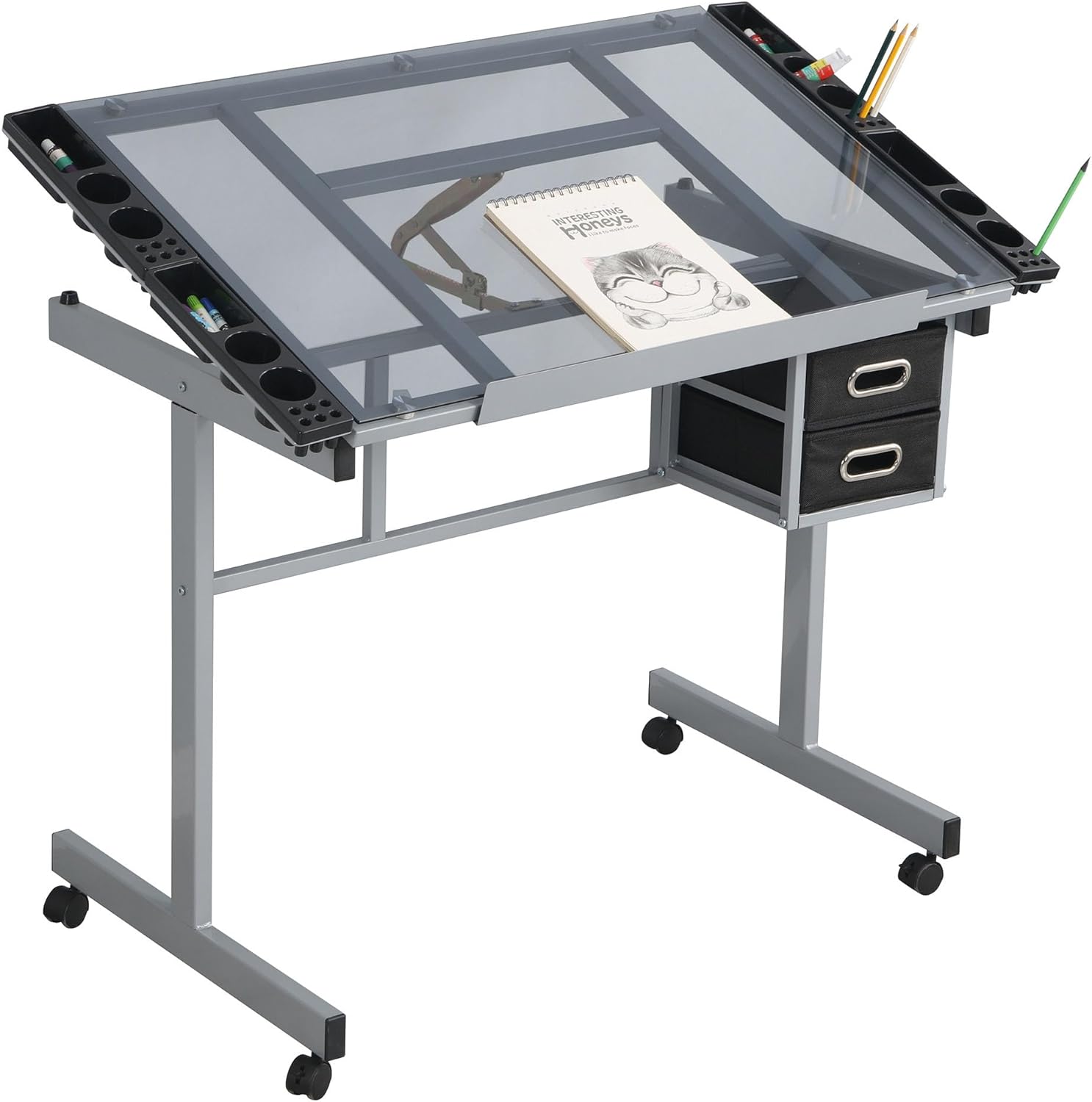 HRVEOCEI Adjustable Glass Drafting Table with 2 Slide Rolling Wheels & Fabric Drawers, Steel Frame Art Desk with Storage & Side Tray, Diamond Drawing Table for Adults Artist Painters Home Office