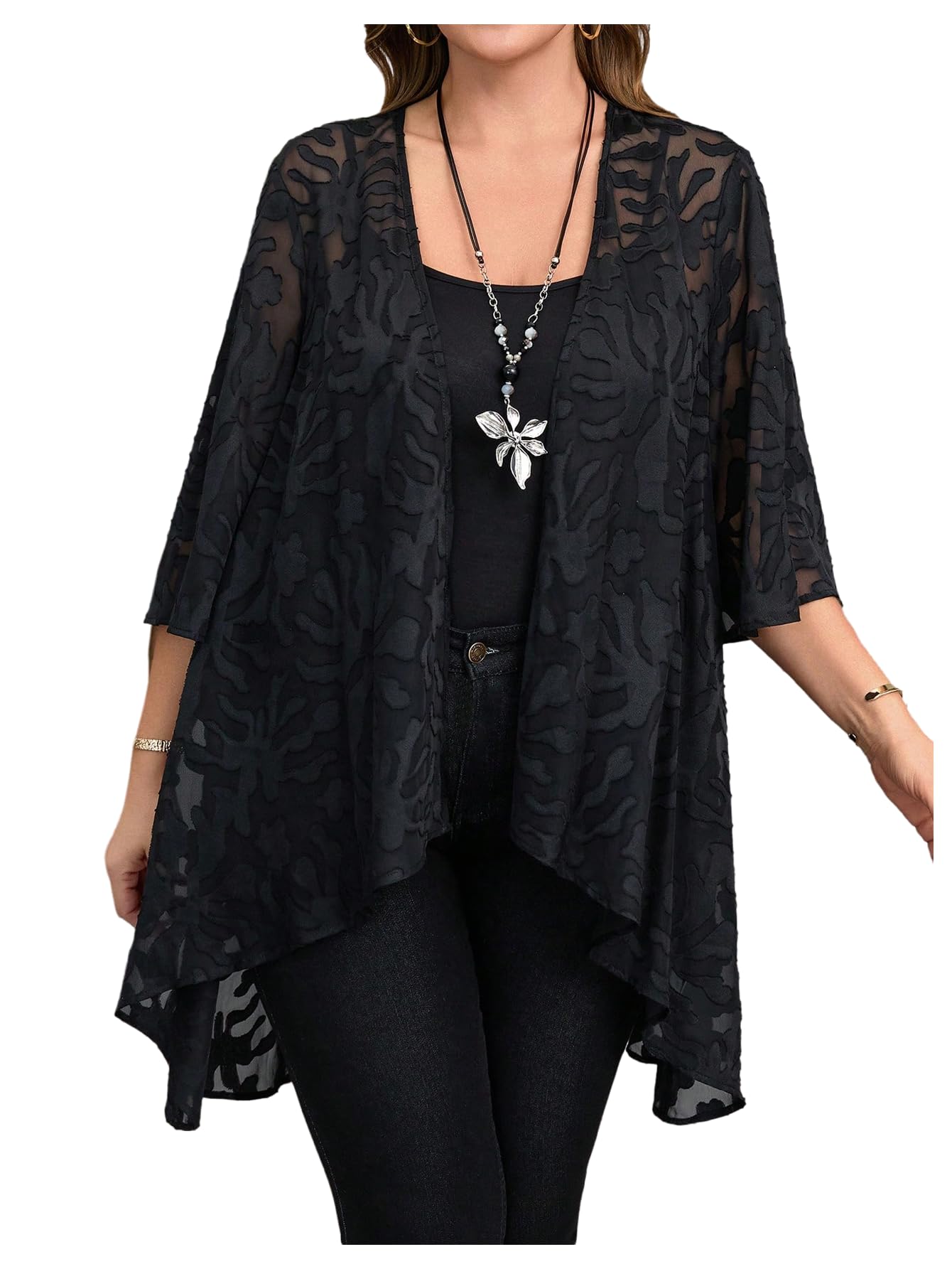 OYOANGLE Womens Plus Size Lace Sheer Open Front Cardigan Lightweight 3 4 Sleeve Ruffle Kimono Outerwear