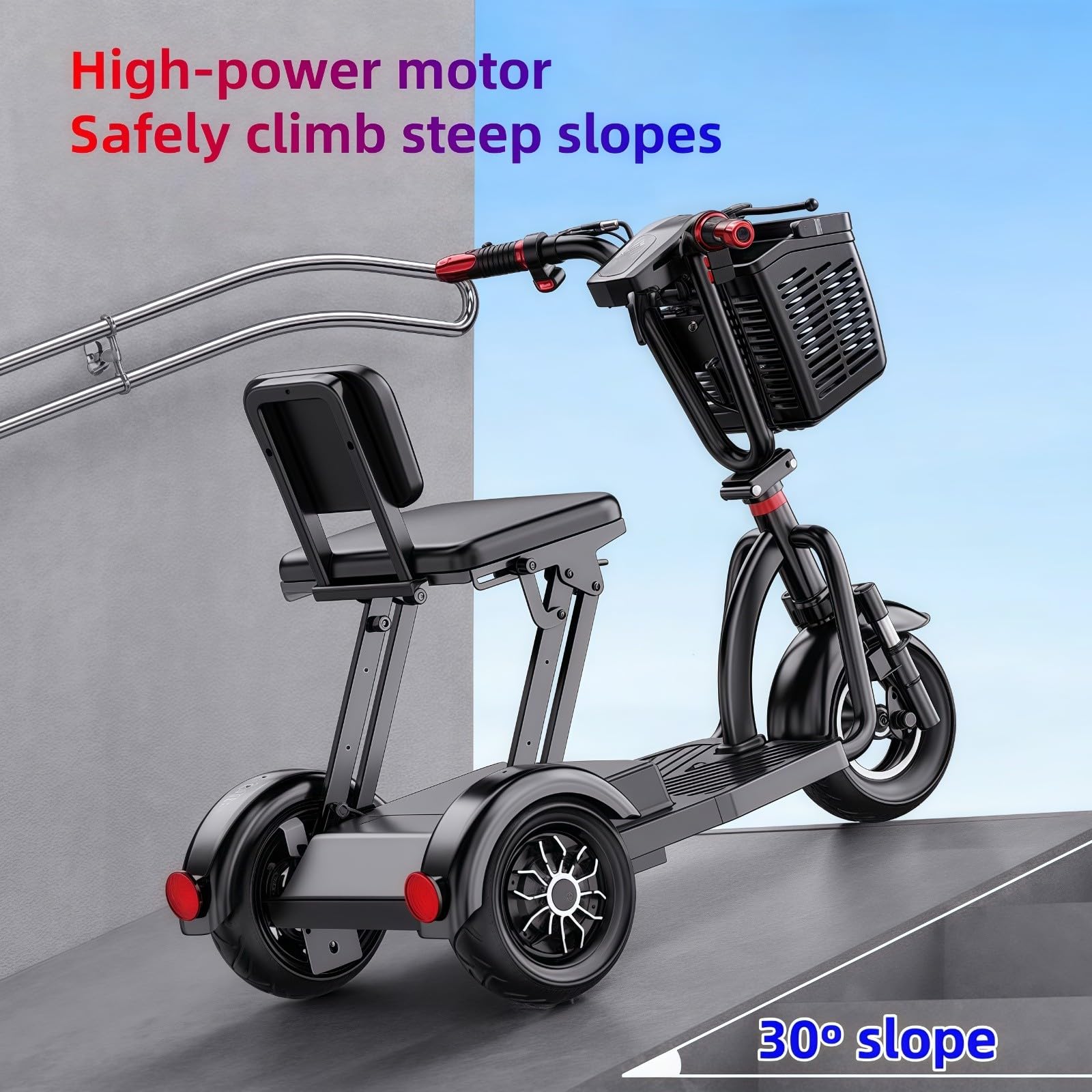 Movilidad Scooter de 3 ruedas silla de ruedas ligera de viaje con cargador y cesta - Diseño cómodo y plegable para personas mayores