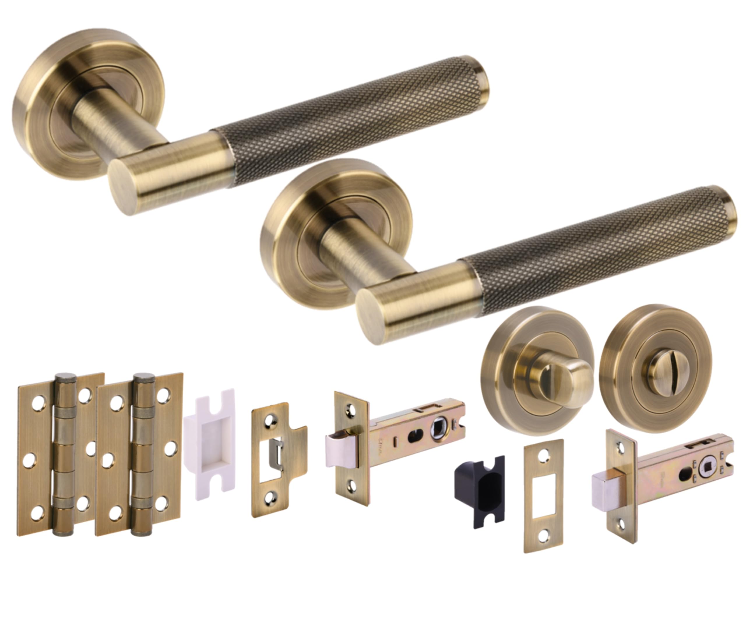 Hunta HANDLEZONE® Evo Knurled Grip Door Handles on Rose Bathroom Deadbolt Pack with Standard Turn Set, 76mm Latch and Lock, 75mm Ball Bearing Hinges - Antique Bronze