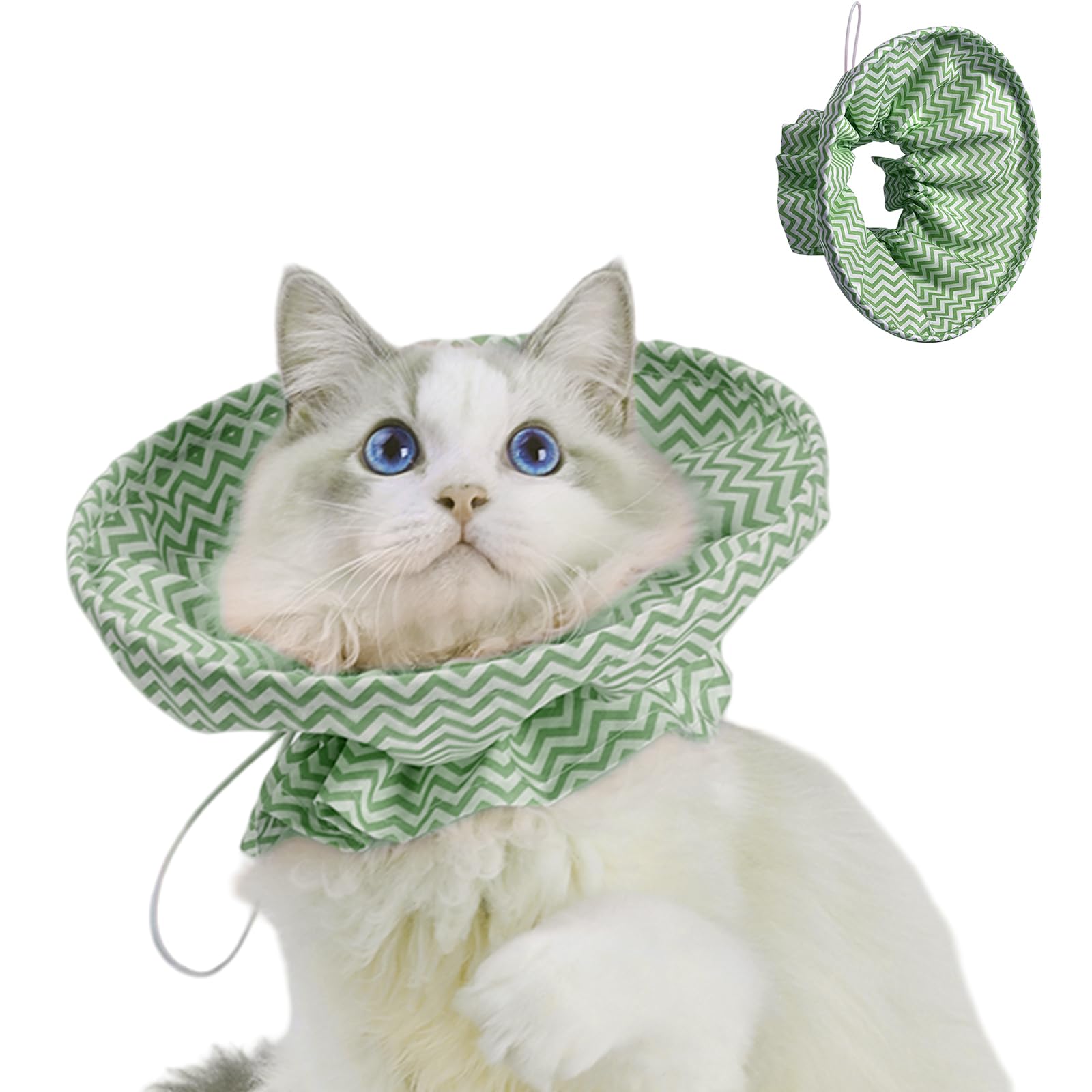 Duuclume Soft Cat Recovery Cone - Adjustable Drawstring Elizabethan Collar, Neck Protective for Cats After Surgery,Lightweight Collar Anti-Licking Wounds (Green, One Size)