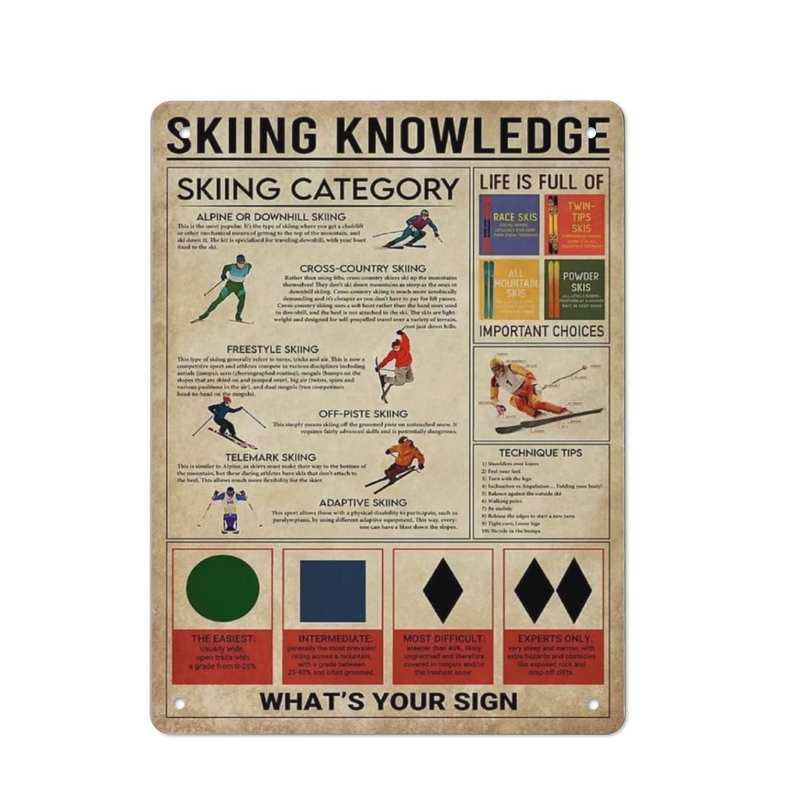 AOOEDM Skiing Knowledge Wall Metal Tin Sign for Home Bar Pub Kitchen Wall Art Deocr Man Cave Vintage Metal Sign Poster Plaque Signs Quotes Sign