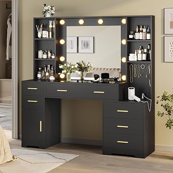 Hasuit 48.8 Large Vanity Desk with Lighted Mirror & Power Outlet, Black Makeup Vanity Table with 6 Drawers, 4 Shelves and 1 Storage Cabinet, Glass Tabletop Bedroom Dressing Table, 3 Lighting Modes