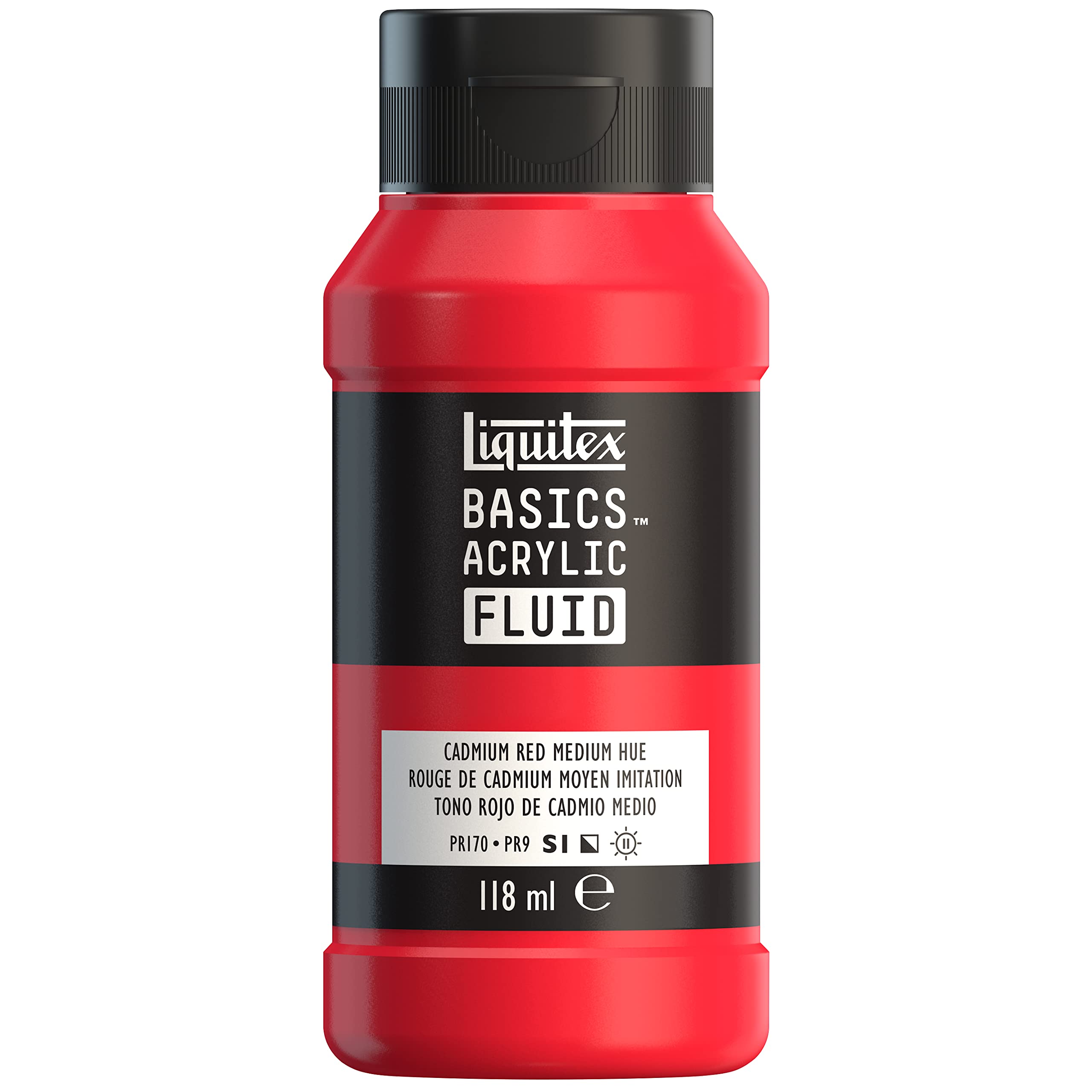 Liquitex 8870386 Basics Fluid Acrylfarbe mit fließender Konsiszenz, schnell trocknend, lichtecht, wasserfest, auf Wasserbasis, 118ml Flasche - Kadmiumrot Mittel Farbton