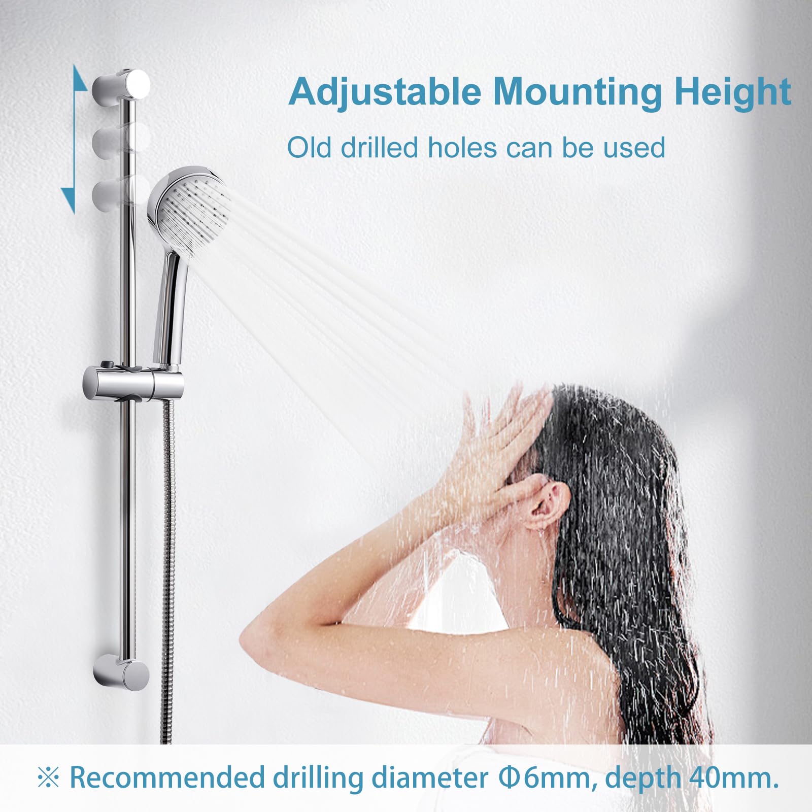 OFFO Shower Riser Rail Kit, Shower Slide Bar 60cm with 3 Modes Shower Head and Hose Set, 1.6m Stainless Steel Hose - Image 2