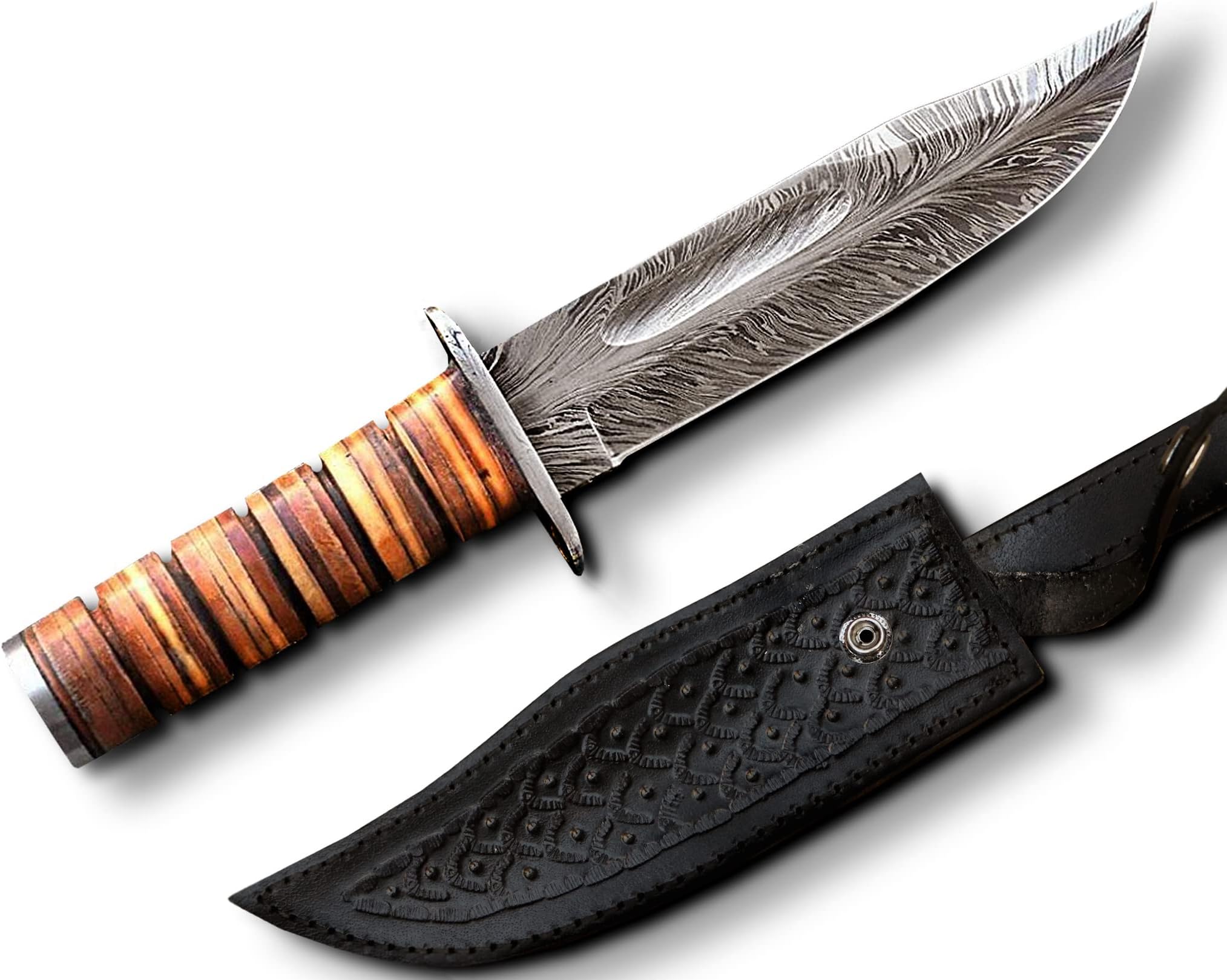 Custom Damascus Hunting Knife With Sheath, Fixed Blade Damascus Knife, Full Tang Survival Knife For Camping, Hiking, High End Knives Of Damascus Steel Bowie Knife For Hunting
