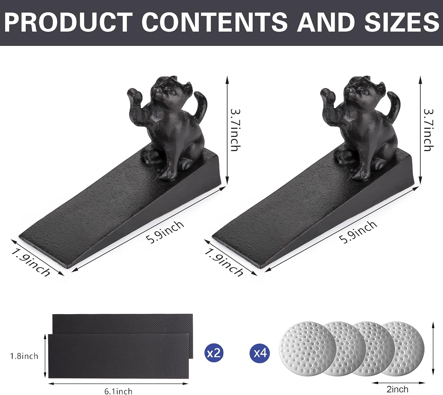 2 x Cat Cast Iron Doorstops – Anti-Slip Anti-Scratch Pads - Bonus 4 x Wall Protectors/Bumpers - Decorative Antique Animal Door Stops - Home, Office, Farmhouse